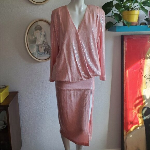 80s Vintage Pink Hartly Westwood Sequin Drop Waist Dress - Picture 1 of 4